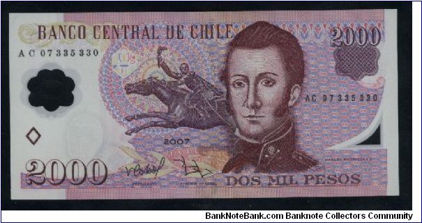 2,000 Pesos.

Polymer Issue.

Manuel Rodriguez E. at right, statue of Manuel Rodriguez on horseback at center on face; Iglesia de los Dominicos (church) at center on back.

Pick #NEW Banknote