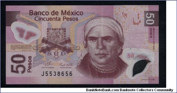 50 Pesos.

Polymer Issue.

J. M. Morelos at right, crossed cannons on outlined bow and arrow below his flag at left center on face; butterflies and fortress bridge at center on back.

Pick #NEW Banknote