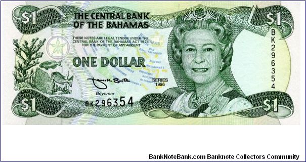 $1 1996
Green/Yellow
Governor Smith 
Front Value in corners, Coral &  Fish, Map of the Islands, HRH 
Rev Police Band in center, State Arms, Value in top corners
Security Thread
Watermark Ship Banknote