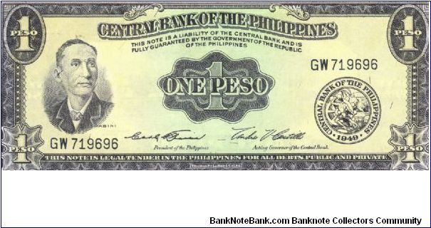 PI-133e English series 1 Peso note with signature group 4, prefix GW. Banknote