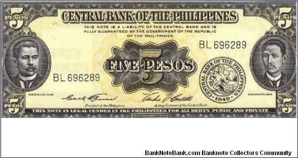 PI-135d English series 5 Pesos note with signature group 4, prefix BL. Banknote