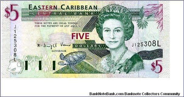 1994 $5 St Lucia 
Green/Purple
Governor K D Venner
Front Fish, Turtle,HRH 
Rev Admiral House Antigua & Barbuda, Gold fish over map, Trafalgar falls
Security Thread
Watermark Queens Head Banknote