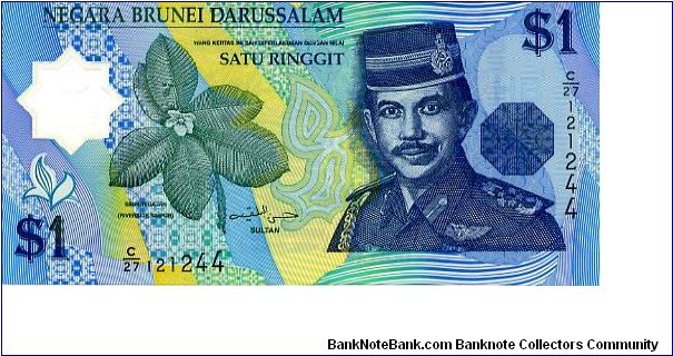 Brunai Polyner
1r  /02/96 
Blue/Yellow/Green
Sig Sultan Hassanal Bolkiah Mu'izzaddin Waddaulah
Front Riverside Gajah, Sultan
Rev Rainforest & waterfall Banknote