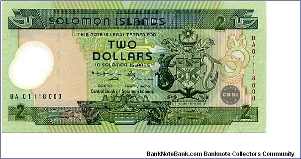 Solomon Islands Polymer

$2 21/06/01
Green/Gray
Silver Jubilee of the Central Bank of Solomon Islands
Governor R N Houenipwela
Secretary Finance  George Kiriau
Front  Coat of Arms, Wood carvings of porpoises, angelfish and a food bowl bottom center, Two porpoises form a central design
Rev Men and children driving fish into shallow water to be speared. Banknote