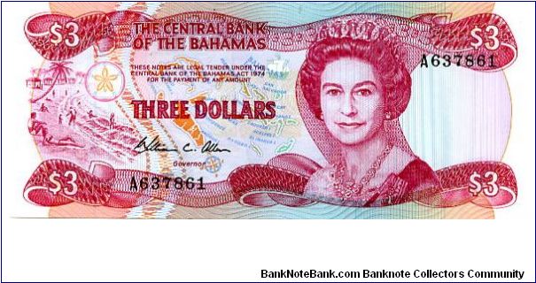 Bahamas
$3 1974 
Purple/Yellow/Blue
Governor W C Allan
Front Value in corners, People on beach, Map, HRH
Rev Value top Corners, Sailing boats, Coat of Arms Banknote