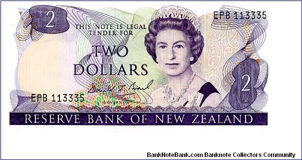 New Zeland
$2 1988/92 
Mauve/Green/Pink
Governor D. T. Brash
Front Geometric pattern, QEII
Mistletoe & Rifleman Bird
Security Thread
Watermark Capt Cook's Head Banknote