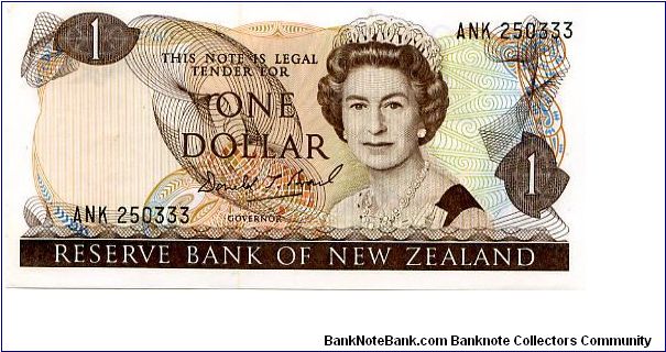 New Zeland 
$1 1988/92
Brown/Green/Yellow
Governor D. T. Brash
Front Geometric pattern, QEII
Rev Clematis & Fantail Bird 
Security Thread
Watermark Capt Cook's Head Banknote