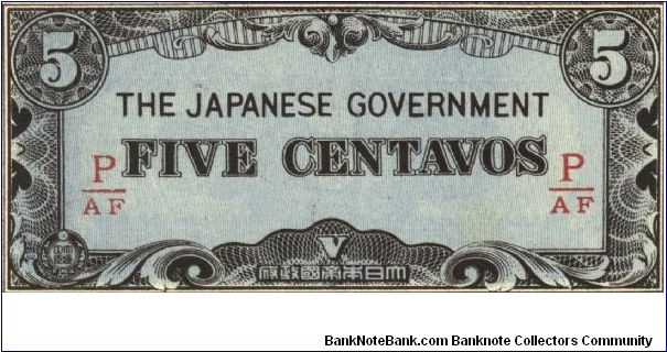 PI-103b Philippine 5 centavos note under Japan rule, fractional block letters P/AF. Banknote