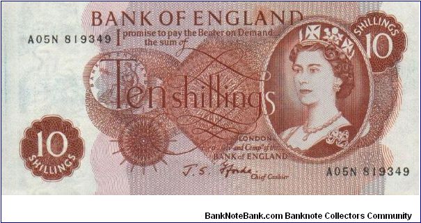 10 Shillings (1/2 Pound).  
Elizabeth II on front; Britania seated on back Banknote