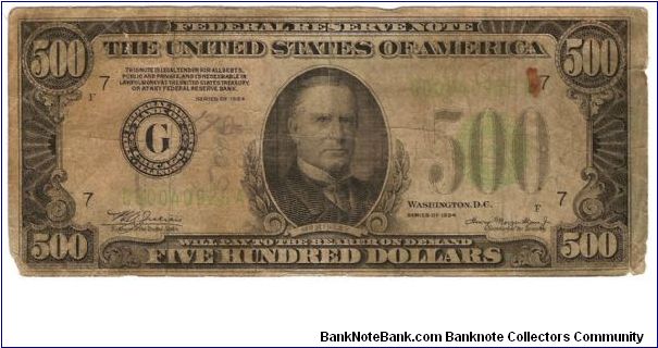 $500 Federal Reserve Note.(Chicago) Wm McKinley on front. Banknote