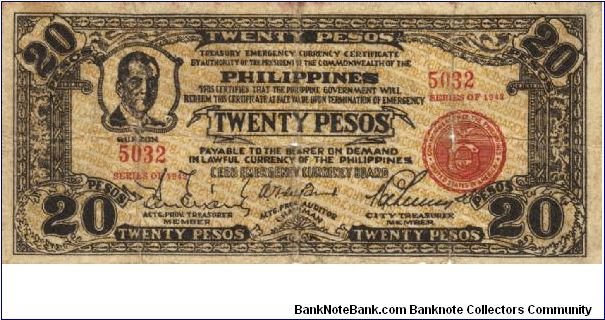 S-224a Philippine Cebu Emergency Currency Board 20 Pesos note. Banknote