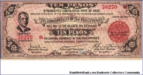 S-649a Negros Occidental 10 Pesos note. Banknote
