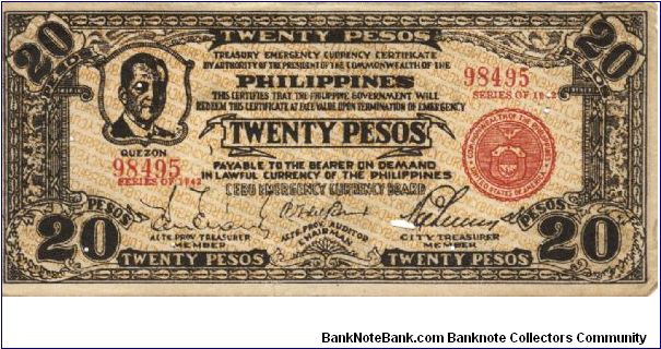 S-228a Cebu Emergency Currency Board Illegal issue 20 Pesos note with countersign signatures on rev. Banknote