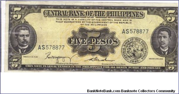 PI-135b Philippine English series 5 Pesos note, Signature group 2, prefix AS. Banknote