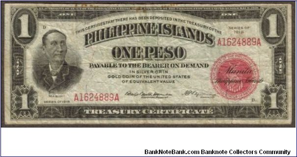 p60a 1918 Philippine Islands 1 Peso Treasury Certificate Banknote