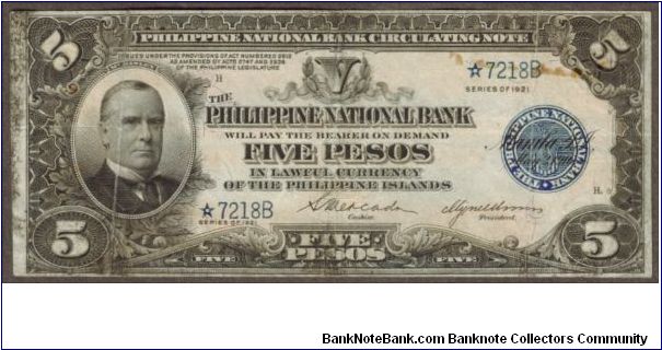 p53* 1921 5 Peso PNB Star/Replacement Note Banknote