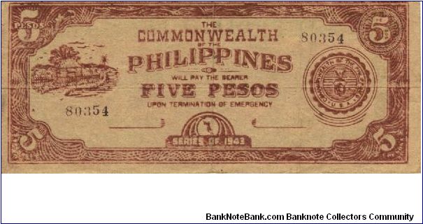 S-408c Leyte 5 Pesos note on dark brown paper. Banknote