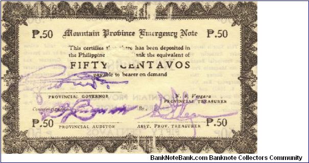 S-594a Mountain Province 50 centavos note, first two lines of text same length. Banknote