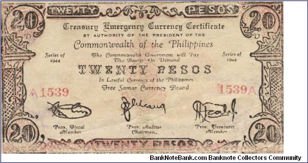 S-1120 RARE Free Samar Treasury Emergency Currence 20 Pesos note. Banknote