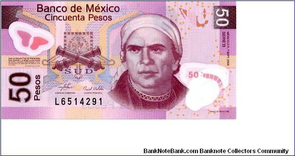 50 Pesos Polymer 07/09/05
Pink/Yellow/Blue
Chief Cashier  Guillermo Güemez García
Deputy Governor Valdes Ramons
Front Value below Butterfly, Coat of arms, Portrait J M Morellos, Value above Catapillar in see through window
Rev Value above Catapillar in see through window, Bank Seal, Butterflies in front of the De Morelia Mich Aquaduct, Value below Butterfly 
Serie B Banknote