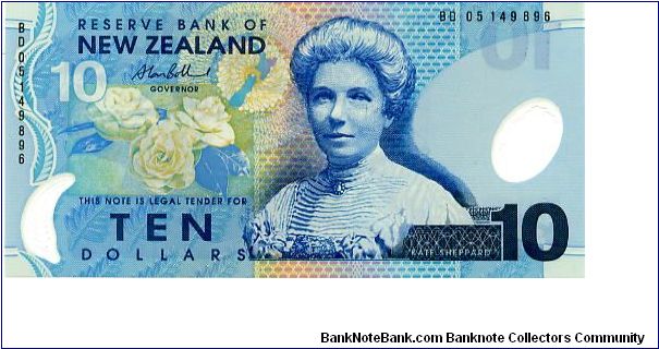 $10.00 Jan 2006 Polymer
Blue/Cream/Green/Ocher
Governor Allan Bollard
Front White camellia, Kate Sheppard campaigner for universal suffrage in NZ
Rev Blue duck, Blechnum fern & Parahebe catarractae Banknote