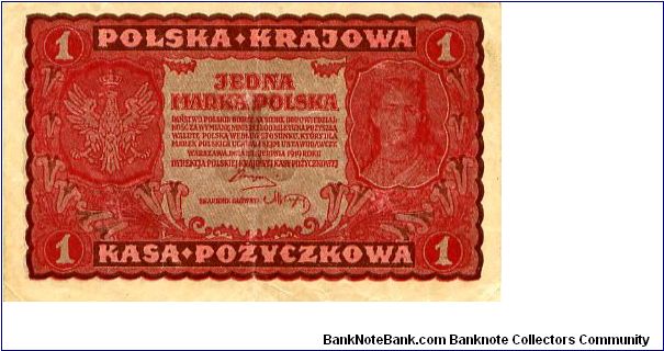 Poland 
1 Marka 23 Aug 1919
Red
Front Value in corners, Arms at left. Woman at right
Rev Crowned eagle 
Watermarked Yes Banknote