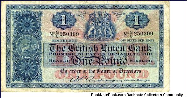 British Linen Bank
£1 10 Dec 1957
Blue with Red undertones
Genral Manager A P Anderson
Front Brittania, Coat of Arms center top, Value each side of arms
Rev Blue panel with Brittania in center, Value in corners
Watermark ? Banknote