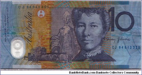 Australia 1994 10 dollars. Serial number printed way to the right. Banknote