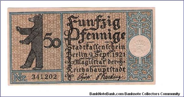 German Notgeld
50 Pfenning
Nr.341202
4 Pienzlauerberg Banknote