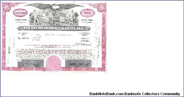 PAN AMERICAN WORLD AIRWAYS,INC
STOCK CERTIFICATE FOR 100 SHARES


8 X 12 In size

BEAUTIFUL VIGNETTE


AMERICAN BNK NOTE COMPANY Banknote
