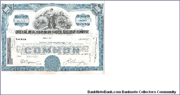 CHICAGO,ROCK ISLAND,ANDPACIFIC RAILROAD COMPANY

#NC37074
100 SHARES

8 X 12 In size

PRINTED BY 
SECURITY BANKNOTE COMPANY Banknote