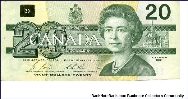 $20 29 Jun 93
Olive
Governor G.G. Thiessen
Deputy Governor B. Bonin
Front Value, Coat of Arms, QEII, 
Rev Common Loon
Note seems to be miscut Banknote
