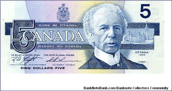 $5 1986 
Blue
Governor G.G. Thiessen
Deputy Governor M D Knight
Front Portrait of Sir Wilfrid Laurier
Rev Belted Kingfisher Banknote