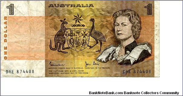 $1 1976 
Ocher/Pink/Green
Governor Robert Johnston.
Sec Treasury John Stone
Front Value, Coat of Arms, HRH Elisabeth II
Rev Aboriginal drawings
Security Thread
Watermark Mans Head Banknote