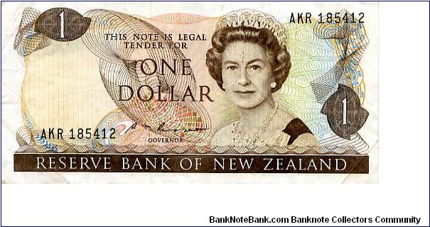 New Zeland
$1 1988/92
Brown/Green/Yellow
Governor S. T. Russell
Front Geometric pattern, QEII
Rev Clematis & Fantail Bird 
Security Thread
Watermark Capt Cook's Head Banknote
