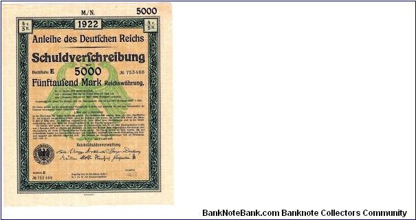 German Bond
for 5000 Mark
Unused

First Page is    8 1/8 X 9 5/8
Second page is
8 1/8 X 11 Banknote