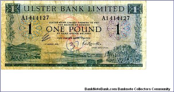 Ulster Bank Ltd
£1 1 Mar 73
Blue
Chief Exceutive R W Hamilton
Front Ulster landscape each side of Belfast Harbour
Rev Coats of arms in corners value & Bank coat of arms in center
Watermarked Ulster Bank Banknote