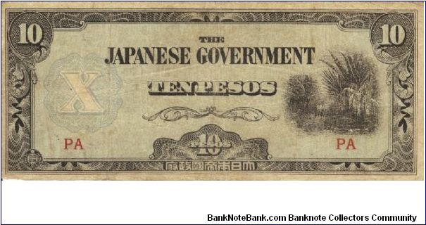PI-108 Philippine 10 Pesos note under Japan rule, block letters PA. Banknote