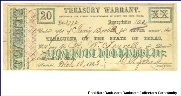 Texas $20 Treasury Warrant (Civil)

1863 Banknote