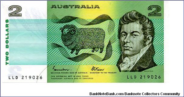 $2 1984/85
Green/Gray
Governor Robert Johnston.
Sec Treasury Bernie Fraser
Front Value, Merino Sheep; John MacArthur
Rev William Farrer; wheat Banknote