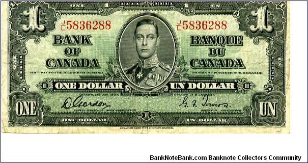 $1 1937
Green/Black
Governor  D Gordon
Deputy Governor G F Towers
Front Value in corners, KG VI in center
Rev Value each side of Agriculture allegory Banknote