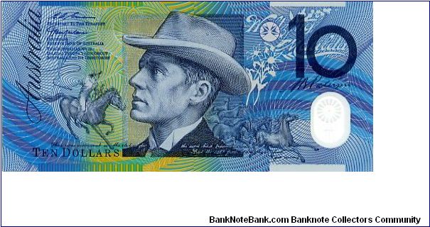 $10 1998 Polymer
Blue/Green
Governor Ian Macfarlane
Sec Treasury Ted Evans
Front Man on horseback herding horses, A B Banjo Patterson
Rev 
Horse & dray, Two portraits of Dame Mary Gilmore (Old & Young) Extract from one of her poems Banknote