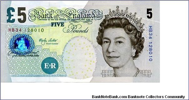 £5 21.05. 02 
Blue
Chief Cashier Merlyn Lowther 1999-2003
Front QEII
Rev Elizabeth Fry, Reading to prisoners in Newgate Prison. 
#HB34 128010  
Series E Withdrawn 22/05/02 Banknote