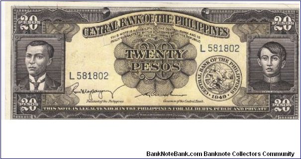 PI-137b Philippine 20 Pesos note, prefix L. Banknote