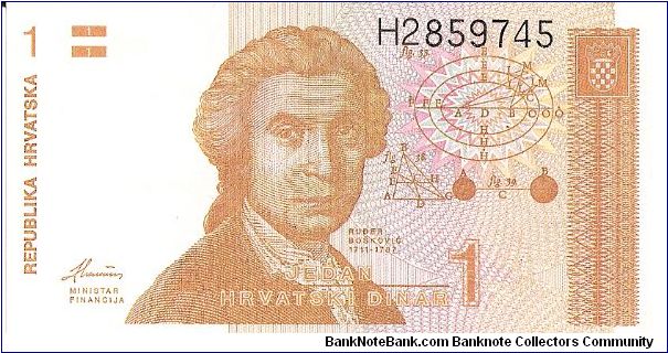 1 Dinar

(Boskovic on Obverse; Zagreb Cathedral on Reverse)

Watermark - Repeating diamond/oval pattern Banknote