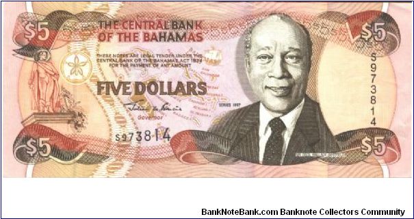 Dark brown, borwn and orange on multi colour underprint. Like #52. 2 signature varieties. Banknote