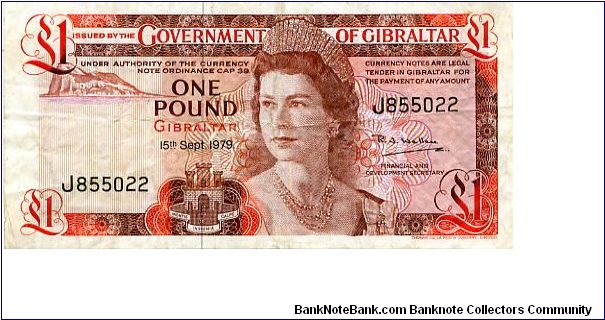 Gibralta
£1 1979
Brown
Front Value in corners, Rock, Coat of Arms, QEII
Rev The Covenant of Gibraltar
Security Thread
Watermark Queens Head Banknote