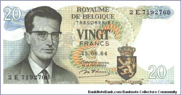 Back on blue, orange and multicolour underprint. King Baudouin I at left and as watermark, arms at lower right. Atomium complex in Brussels at right on back. Signature 18, 19, 20. Banknote