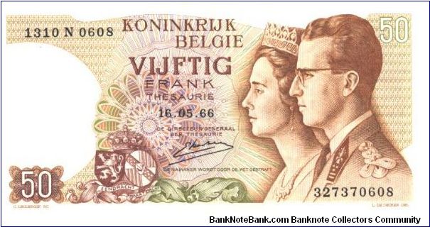 Brown-violet and ornage-brown on multicolour underprint. Arms at lower left Center. King Baudouin I and Gueen Fabiola at right. Parliament building in Brussels on back. Watermark: Baudouin I. Signature 18, 19, 20, 21. Banknote