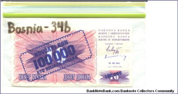 1193 (-old date 1-7-1992). Rectangular crenalated framed overprint: NOVCANI BON 100,000 on face and back of #10. Banknote